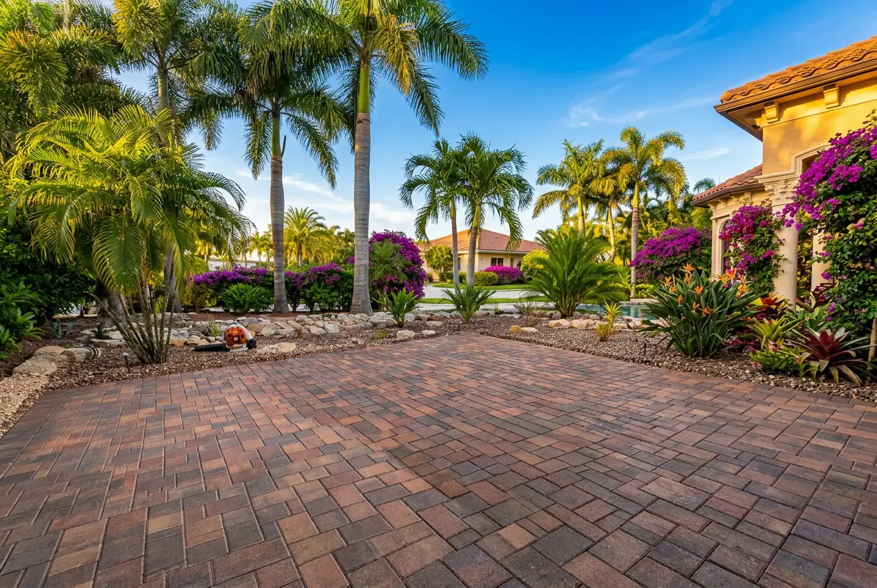 Freshly cleaned and sealed paver patio at a South Florida home